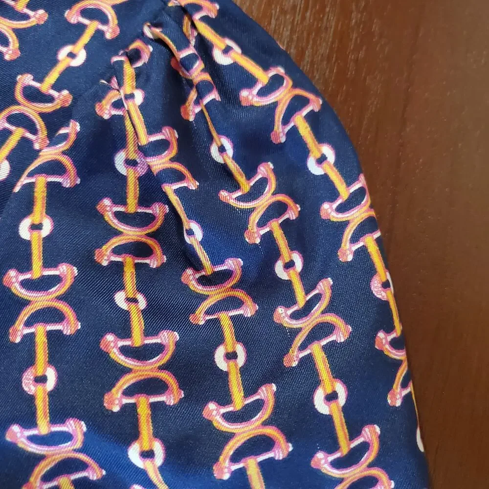 Lilly Pulitzer Lil Bit Equestrian Print Silk Ruffle Blouse Sz 14 Blue Pink Horse